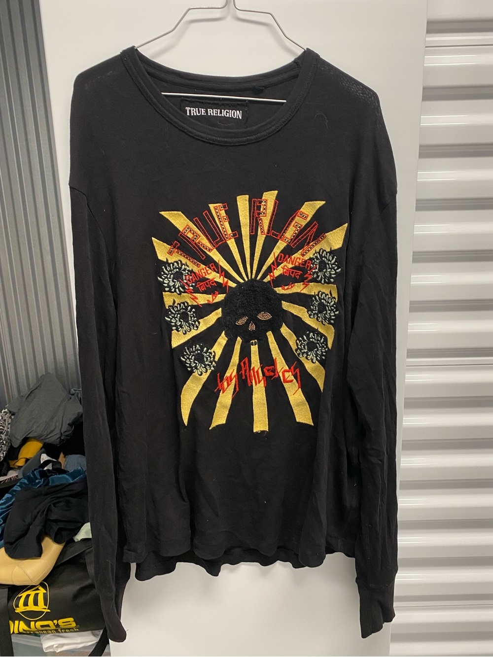 True Religion Black Long-Sleeve Tee with Gold and Red Graphic